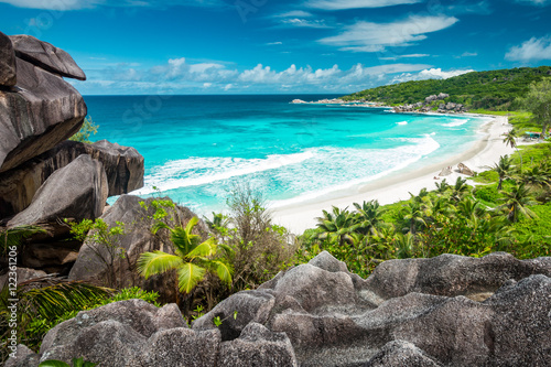 Amazing view at Grande Anse beach located on La Digue Island, Se