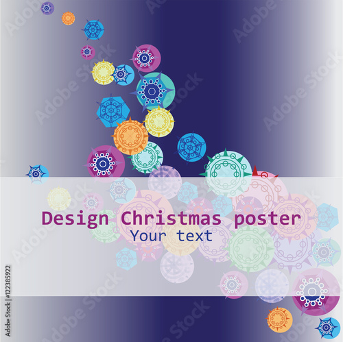 Colorful snowflakes. Design new year poster, banner, template for ads, greetings, cards.