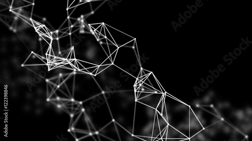 3D network evolving. Lines and dots forming a mesh. Depth of field settings. Background for communications, technology, science, computer networks, internet, social media. White on black. 3D rendering
