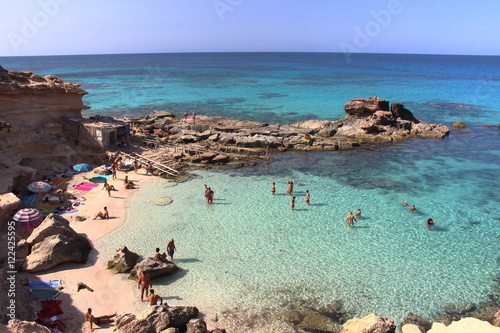 Main view of "Es calo d'es mort" beach, one of the most beautiful spots in Formentera, Balearic Islands, Spain.