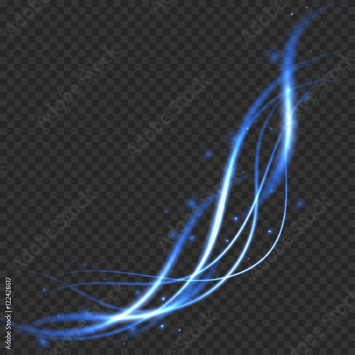 Light effect. Blue glowing wave on transparent background. Vector swirl trail effect