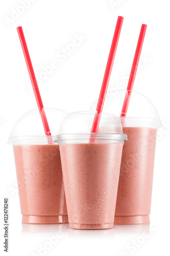 Banana and strawberry smoothie in three size of plastic cup