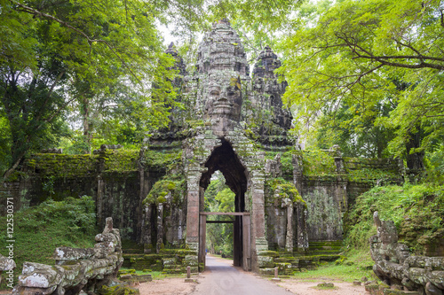 Scenic jungle view of the Angkor Thom North Gate at the Angkor Temple complex near Siem Reap, Cambodia