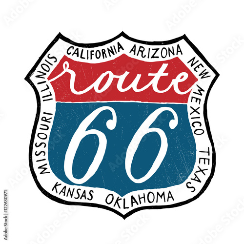 route 66 rustic road sign. vector biker brint. handwriting freed