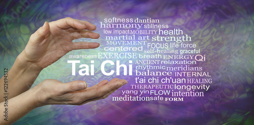 Tai Chi Benefits Word Cloud - female hands cupped around the words TAI CHI surrounded by a relevant word cloud on a purple and jade green patterned background