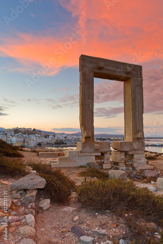 View of Portara and remains of temple of Apollo at sunrise.