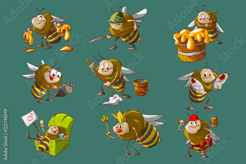 Colorful vector illustration of cartoon bee hive, workers, engeneer, caretaker, cleaner, builder, queen and soldier