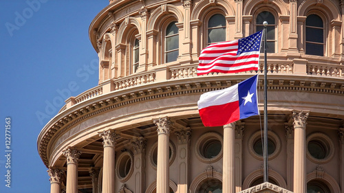 American and Texas state flags flying on the dome of the Texas State Capitol building in Austin