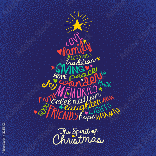 handwritten word cloud Christmas tree greeting card design