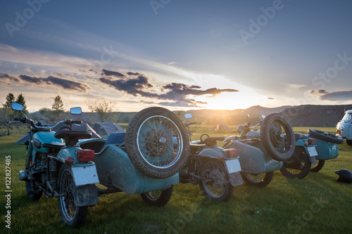 Old russian sidecars in the steppe in Mongolia, Asia