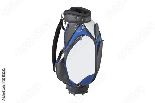Front view of a multiple pockets golf bag in blue white black with quick release shoulder straps isolated on white background