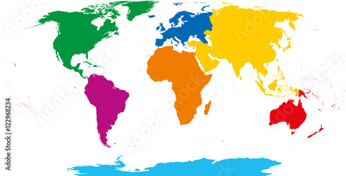 Mapa siedmiu kontynentów. Azja żółta, Afryka pomarańczowa, Ameryka Północna zielona, ​​Ameryka Południowa fioletowa, Antarktyda niebieska, Europa niebieska i Australia w kolorze czerwonym. Projekcja Robinsona nad białym. Ilustracja.