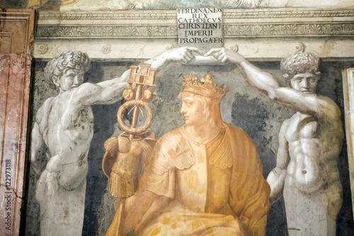 Ferdinand II of Aragon, "The Catholic", King of Spain, fresco painting from the room of the Fire in the Borgo, Vatican Museums