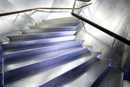 Stainless steel staircase in the entrace to Caixa Forum building, Madrid, Spain, work by Jacques Herzog and Pierre de Meuron.