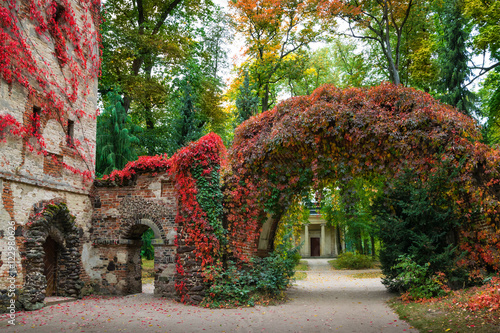 Stone arch in the sentimental and romantic Arkadia park, near Nieborow, Central Poland, Mazovia. Garden in the English style