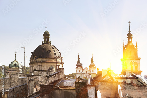 Card with the silhouette of Lviv architecture at sunset, Ukraine