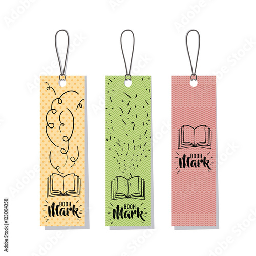 Bookmark label tag with book icon. Guidebook decoration reading and literature theme. Colorful design. Vector illustration