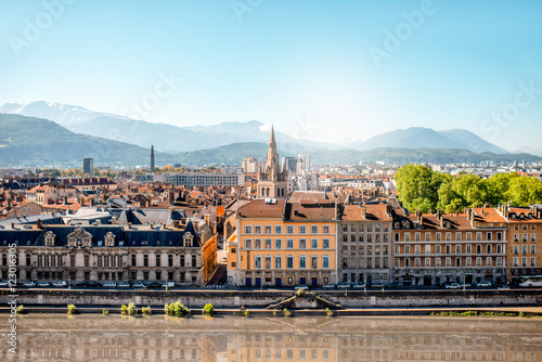 Morning cityscape view on the old town with mountains and river in Grenoble city on the south-east of France