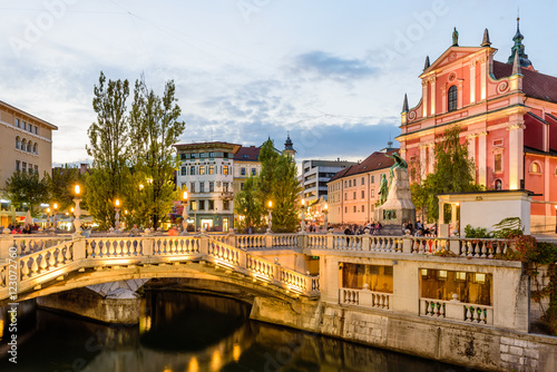 Tromostovje in the city center in the soft evening light, Ljubljana, Slovenia.