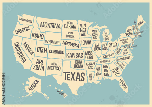 retro style poster with map of the USA with federal states, vintage typography - vector eps design element for cards, infographics, t-shirts or other print products