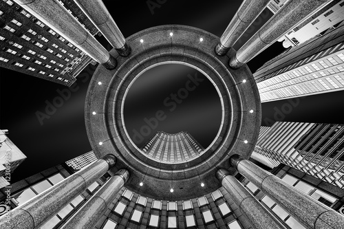 Fine Art, black and white, abstract, upward perspective of New York skyscrapers