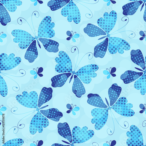 Seamless blue pattern with vintage butterflies