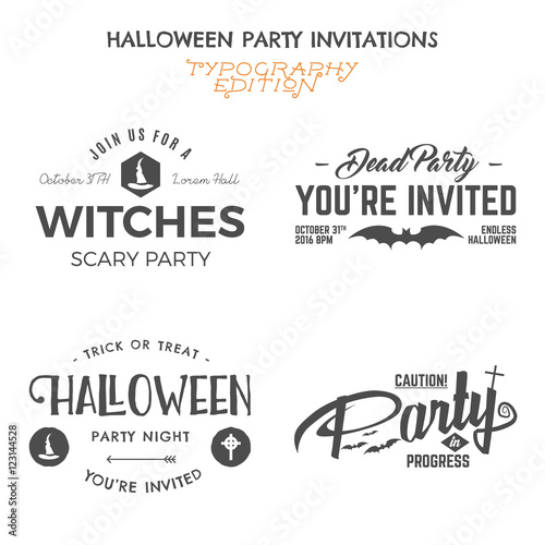 Halloween 2016 party invitation label templates with holiday symbols - witch hat, bat and typography elements. Use for party posters, flyers, cards, invitations, t-shirt, tee design, apparel. Vector