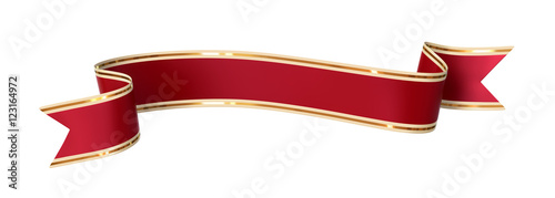 Curled red ribbon banner with gold border - arc up and down with wavy ends - front and back