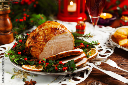 Christmas baked ham, served on the old plate.