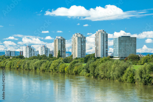 River Sava and Zagreb modern skyline, Croatia