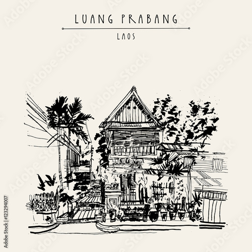 Old traditional wooden house in Lao style. Luang Prabang, Laos, Southeast Asia. Vintage hand drawn touristic postcard