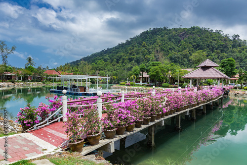 Bridge with flowers across the bay in a tropical garden