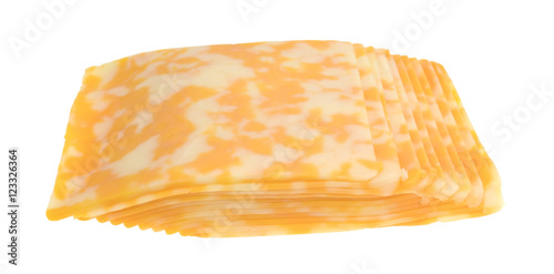 Slices of Colby-Jack cheese on a white background