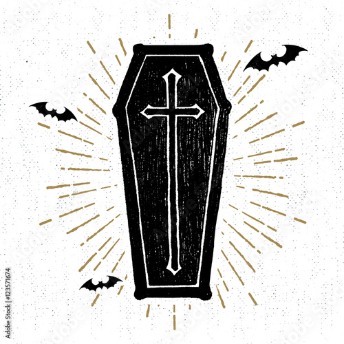 Hand drawn Halloween icon with a textured coffin vector illustration.