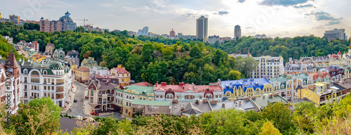 Views of modern and ancient buildings from the Castle hill or Zamkova Hora in Kiev, Ukraine. Castle hill is a historical landmark in the center of the city.