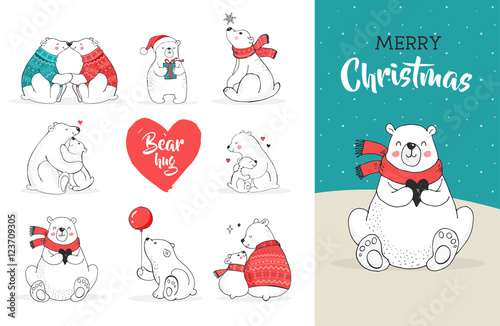 Merry Christmas greetings with bears. Hand drawn polar bear, cute bear set, mother and baby bears, couple of bears