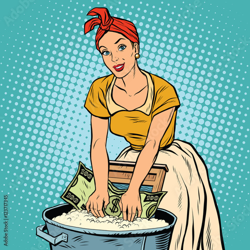 money laundering business concept, retro woman washes the dollar