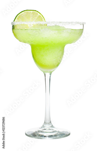 Frozen Margarita Cocktail with Lime and Salted Rim Isolated on White Background