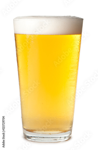 Foam head pint of light lager pilsner beer isolated on white background for use alone or as a design element