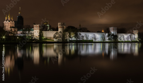 Night view illuminated Novodevichy Convent of Our Lady of Smolen