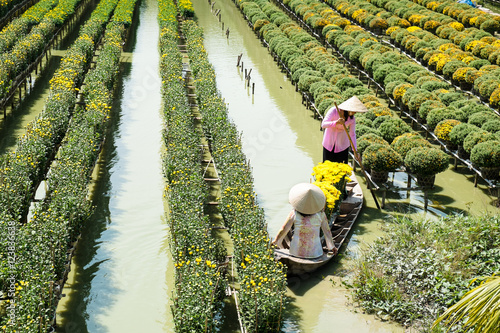 Two ladies with traditional dress are in a boat at the floating flower field in Sa Dec, Dong Thap, Vietnam. Sadec (Sa Dec) is one of the biggest flower stocks in Mekong Delta.