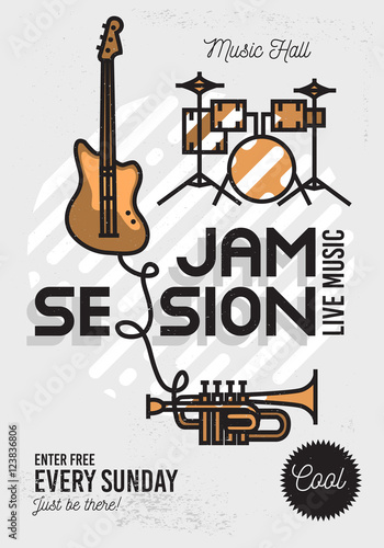 Jam Session Minimalistic Cool Line Art Event Music Poster. Vecto