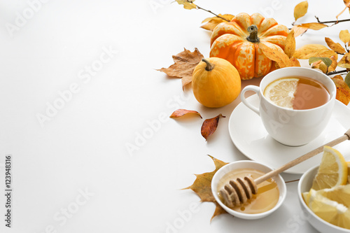 autumn healthy tea on white background