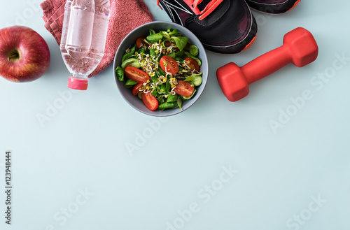 fitness theme, sport accessories on table
