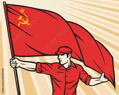 Worker holding USSR flag - industry poster 