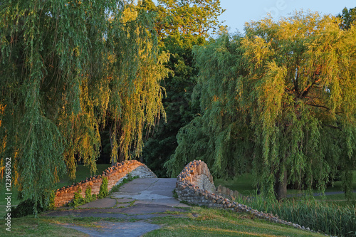 Onondaga Park Syracuse-Weeping willows framing a sun-kissed stone bridge in Syracuse NY