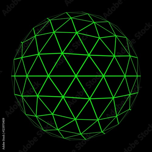 3D Geosphere Mesh with Glowing Green Grid Lines 3D Illustration