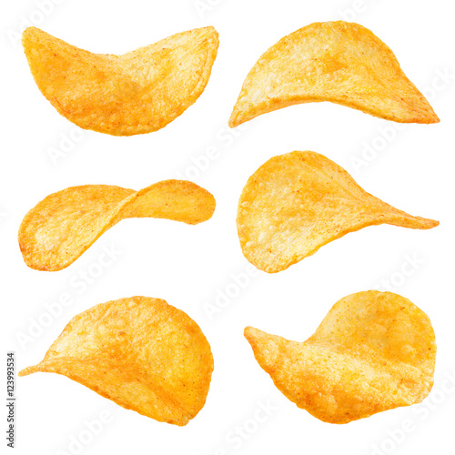 Potato chips isolated on white background. Collection.