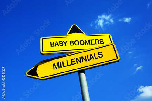 Baby Boomers vs Millennials - Traffic sign with two options - different directions as metaphor of generation gap, conflicts and clash between young and older group of society