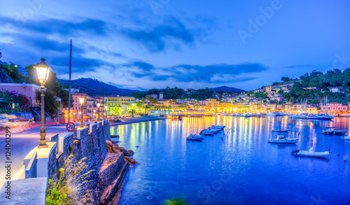 Harbor and village Porto Azzurro at blue hour, Elba islands, Tuscany, Italy